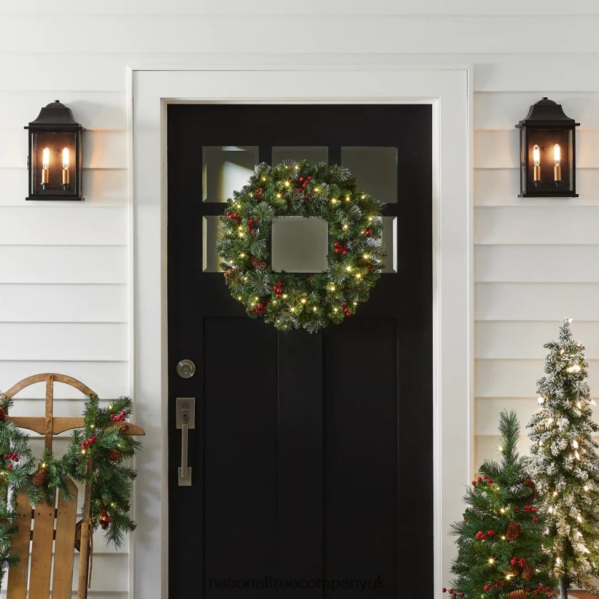 Greenery | National Tree Company Pre-Lit Artificial Christmas Wreath Green Crestwood Spruce White Lights Decorated with Pine Cones Berry Clusters Frosted Branches Christmas Collection 24 Inche